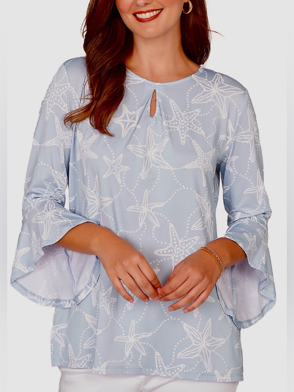 Ruby Rd. Light Blue Starfish-Print Bell-Sleeve Top. NWOT Never worn